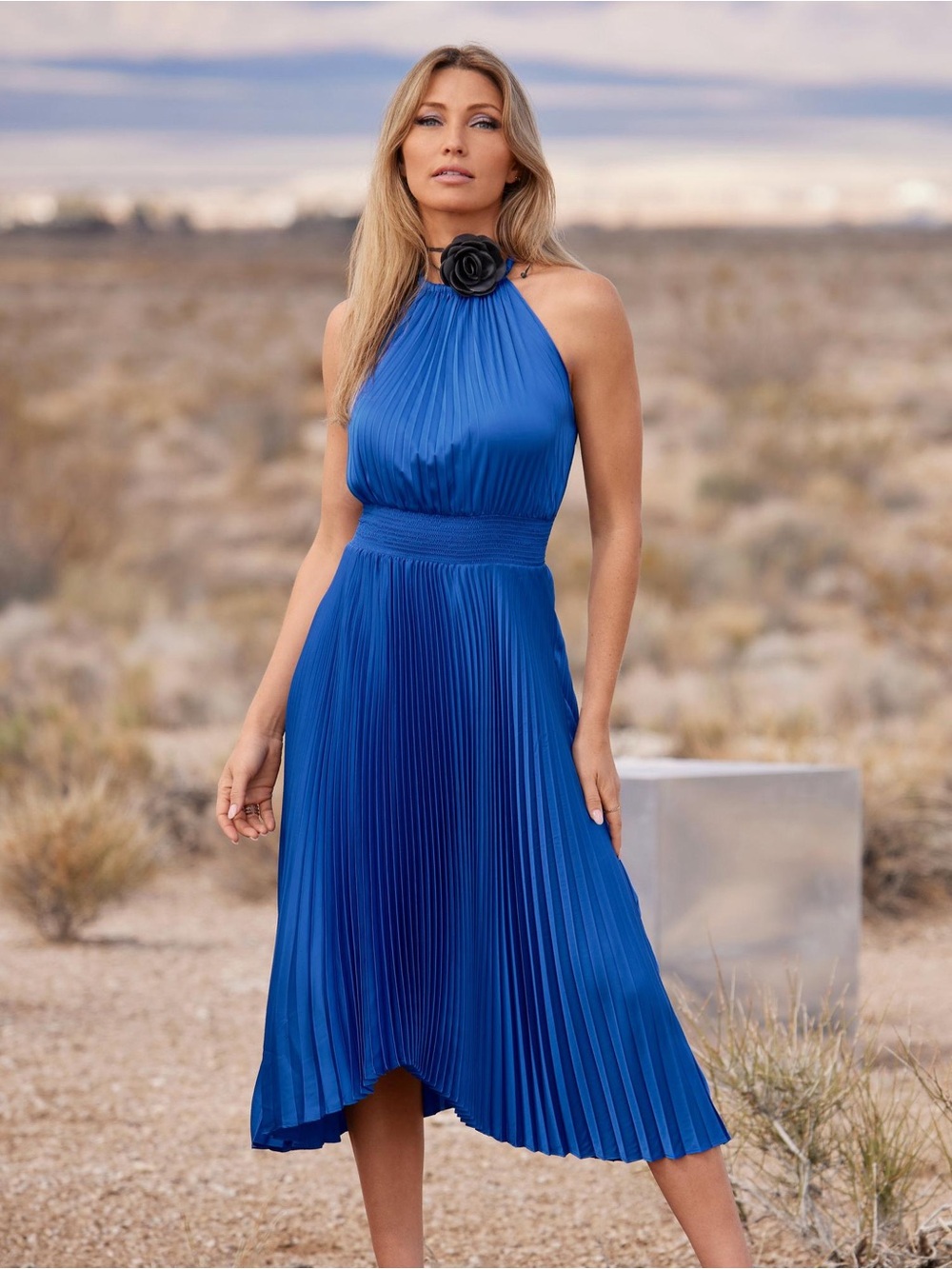 Boston Proper Blue Pleated High Neck Blouson Midi Dress Cocktail Wedding Size XL